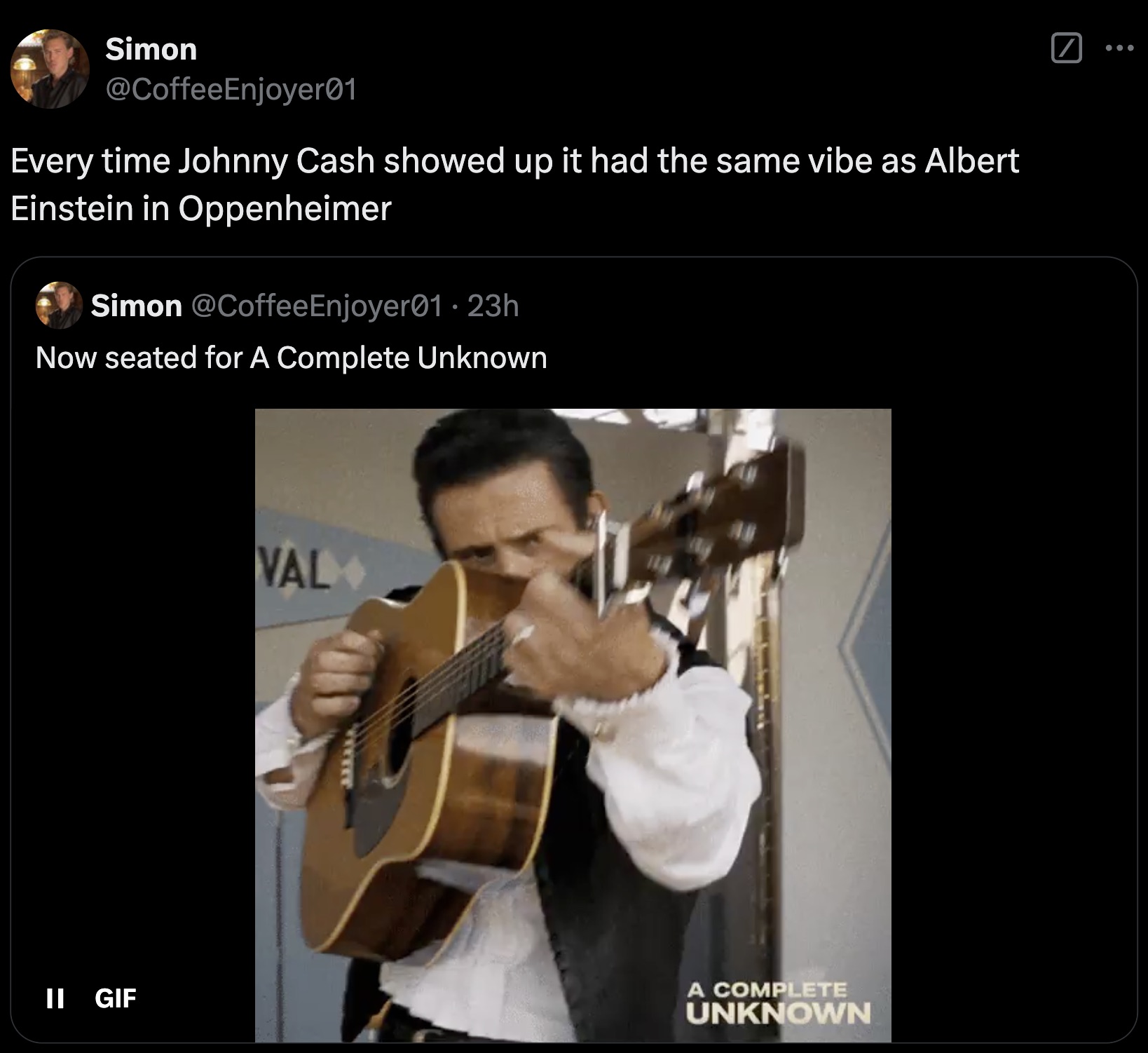 screenshot - Simon Every time Johnny Cash showed up it had the same vibe as Albert Einstein in Oppenheimer Simon 23h Now seated for A Complete Unknown Val> Ii Gif A Complete Unknown ...